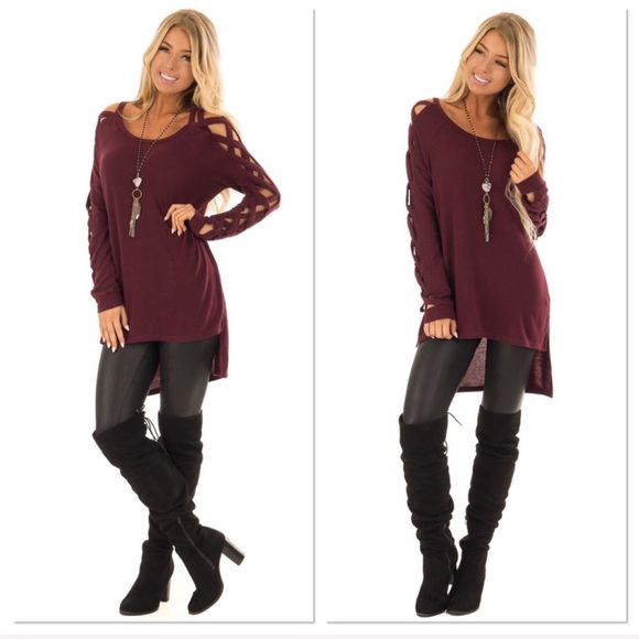 Wine Criss Cross Sleeve High Low Top - Picture 5 of 7